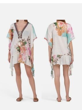 Z&L NWOT Floral Tie-Front Swim Floral Pom Pom Coverup - White Multi